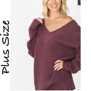Eggplant waffle knit off shoulder sweater 1X/2X/3X